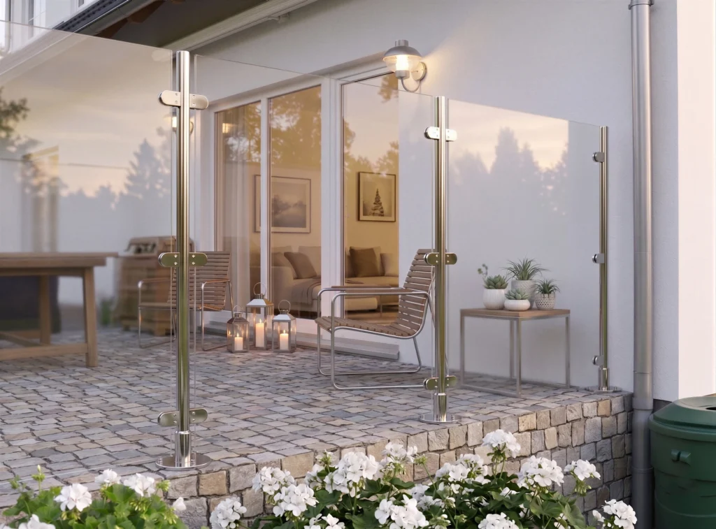 Transparenter Windschutz aus Klarglas auf einer gepflasterten Terrasse. Die Glasscheiben sind mit Glasklemmen an runden Edelstahlpfosten befestigt. Im Hintergrund sieht man eine gemütliche Sitzecke mit Holzstühlen und Windlichtern.