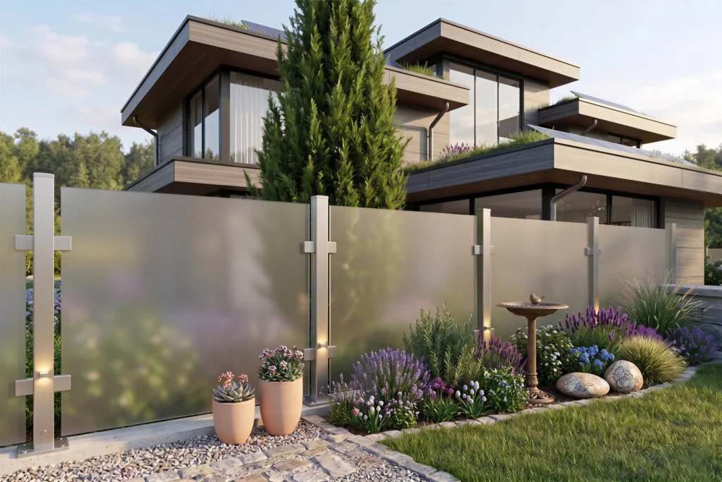 Hochwertiger Glaszaun aus satinierten Glaselementen und stabilen Edelstahlpfosten mit integrierter Beleuchtung. Der Sichtschutz grenzt einen gepflegten Garten mit Blumenrabatten von einem modernen Wohnhaus ab.