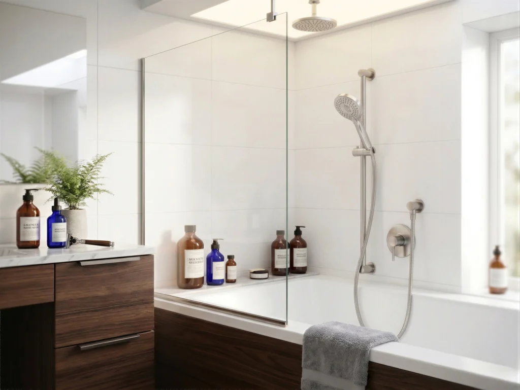 Moderner Badewannenaufsatz aus Klarglas mit minimalistischer Wandbefestigung in einem hellen Badezimmer mit Holzdekor.