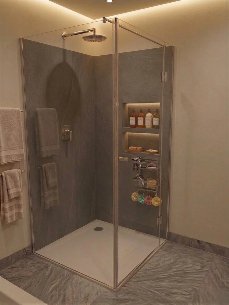 Elegante Ganzglas-Eckdusche mit rahmenloser Tür vor einer anthrazitfarbenen Natursteinwand mit beleuchteten Ablagenischen.