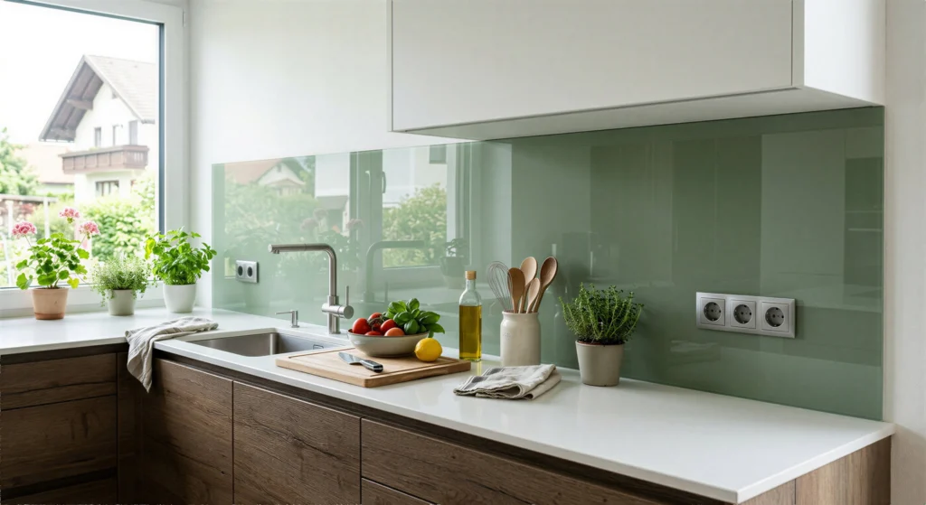 Moderne Küchenrückwand aus farbig lackiertem Glas in Salbeigrün mit präzisen Steckdosenausschnitten in einer Holzküche.