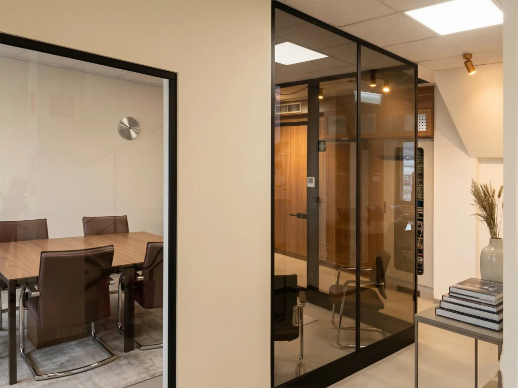 Hochwertige Glastrennwände mit schwarzen Metallrahmen in einem modernen Büro, die einen Besprechungsraum vom Empfangsbereich trennen.