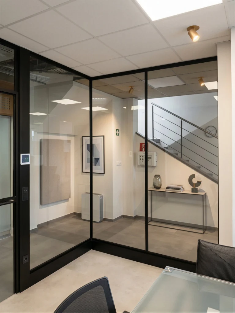 Moderne Eck-Glastrennwand mit schwarzen Aluminiumprofilen in einem Bürogebäude, angrenzend an ein offenes Treppenhaus.