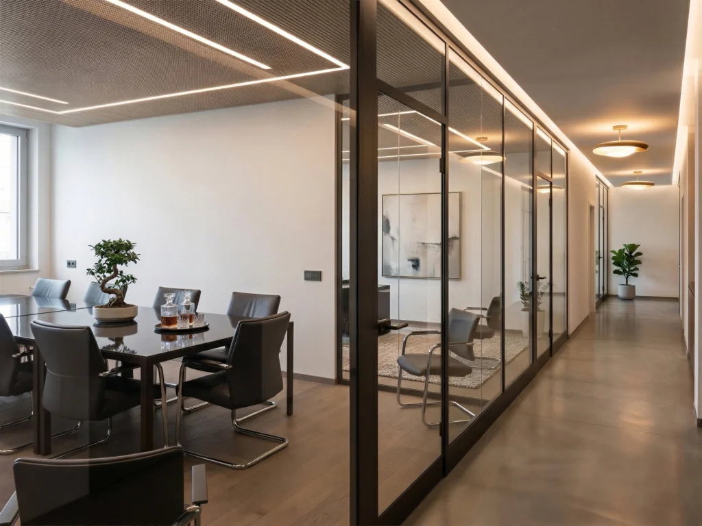 Hochwertige Glastrennwände mit dunklen Profilrahmen in einer exklusiven Bürolandschaft, die Konferenzräume und Flurbereiche elegant trennen.