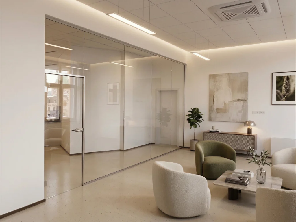 Raumhohe Ganzglas-Trennwand mit minimalistischer Glastür in einer eleganten Büro-Lounge mit modernen Designermöbeln.