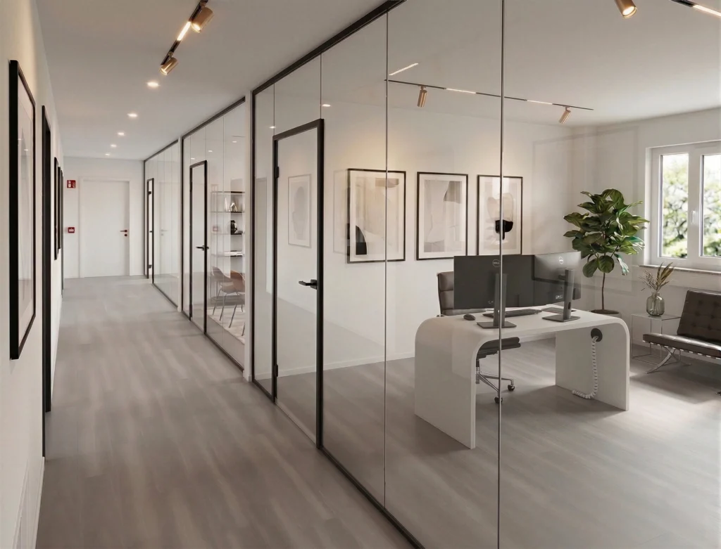 Lange Bürogang-Verglasung mit rahmenlosen Glaselementen und dezenten schwarzen Türrahmen in einem modernen, hellen Büro.