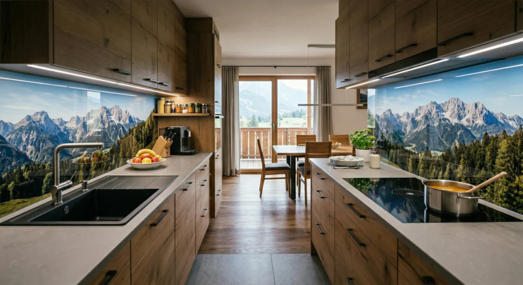 Hochwertige Küchenrückwand aus Glas mit digitalem Fotodruck eines Bergpanoramas in einer modernen Holzküche.