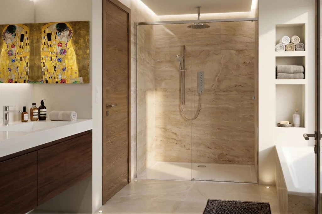 Elegante Nischendusche mit einer großflächigen Glasschiebetür, Travertin-Natursteinwänden und hochwertigen Edelstahlbeschlägen in einem luxuriösen Badezimmer.