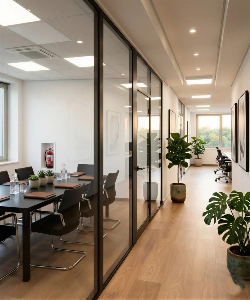 Moderne Bürotrennwände aus Glas mit schwarzen Aluminiumprofilen, die einen Konferenzraum vom Flur trennen.