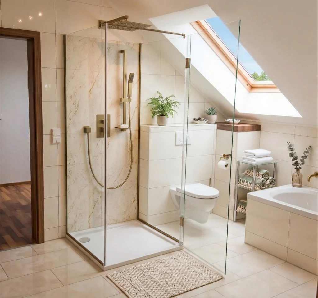 Maßgefertigte Eck-Duschkabine aus Glas in einem Badezimmer mit Dachschräge, goldenen Armaturen und einem Dachfenster.