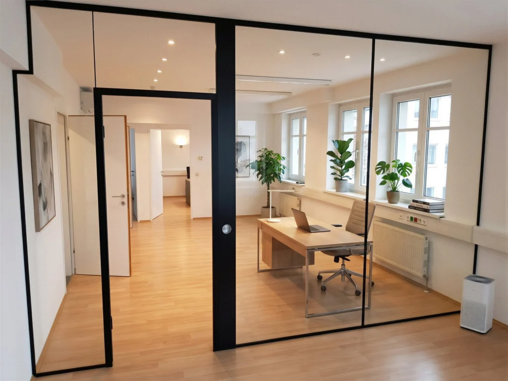 Maßgefertigte Glastrennwand mit schwarzen Profilen und integrierter Schiebetür in einem hellen Büro mit Holzboden.