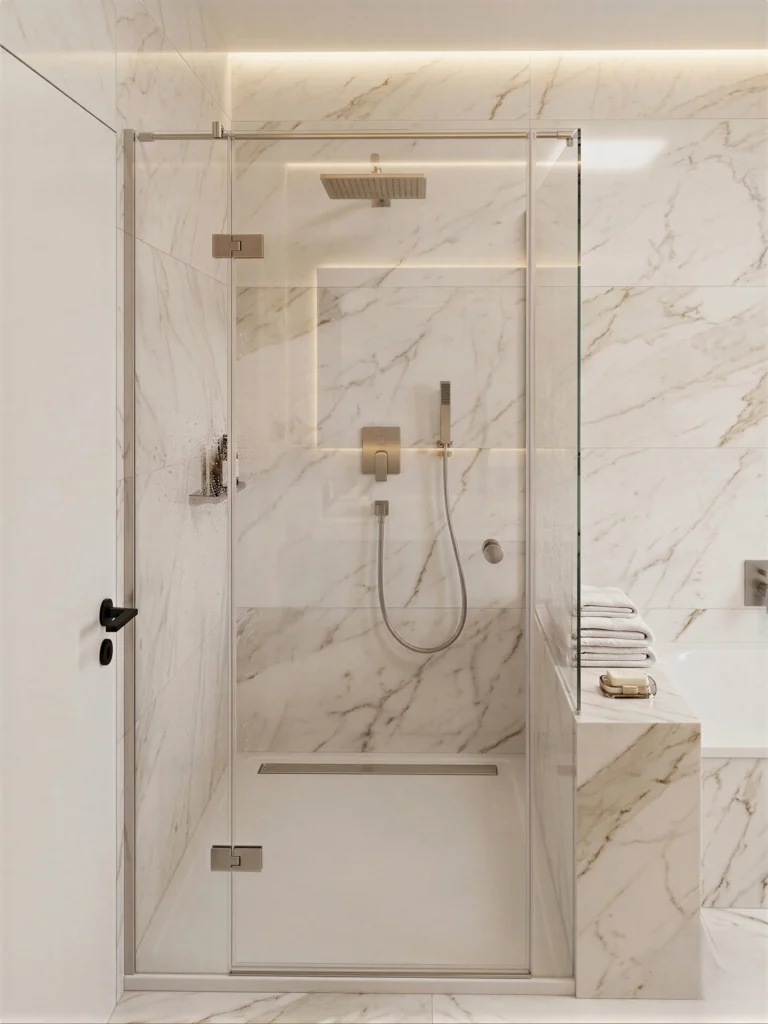 Luxuriöses, modernes Badezimmer mit einer maßgefertigten Duschverglasung aus Klarglas, Edelstahl-Halterungen und Wänden aus weißem Marmor.