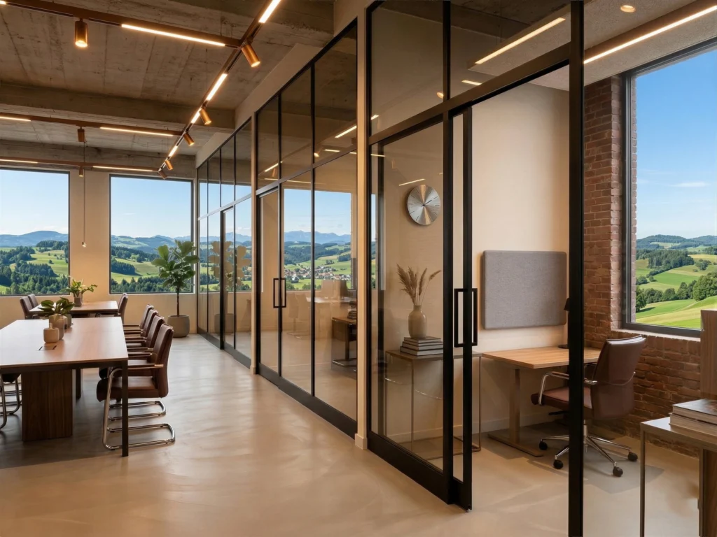 Großflächige Glastrennwandsysteme im Industrial-Design mit schwarzen Rahmen in einem modernen Büro mit Sichtbetondecke und Panoramablick.