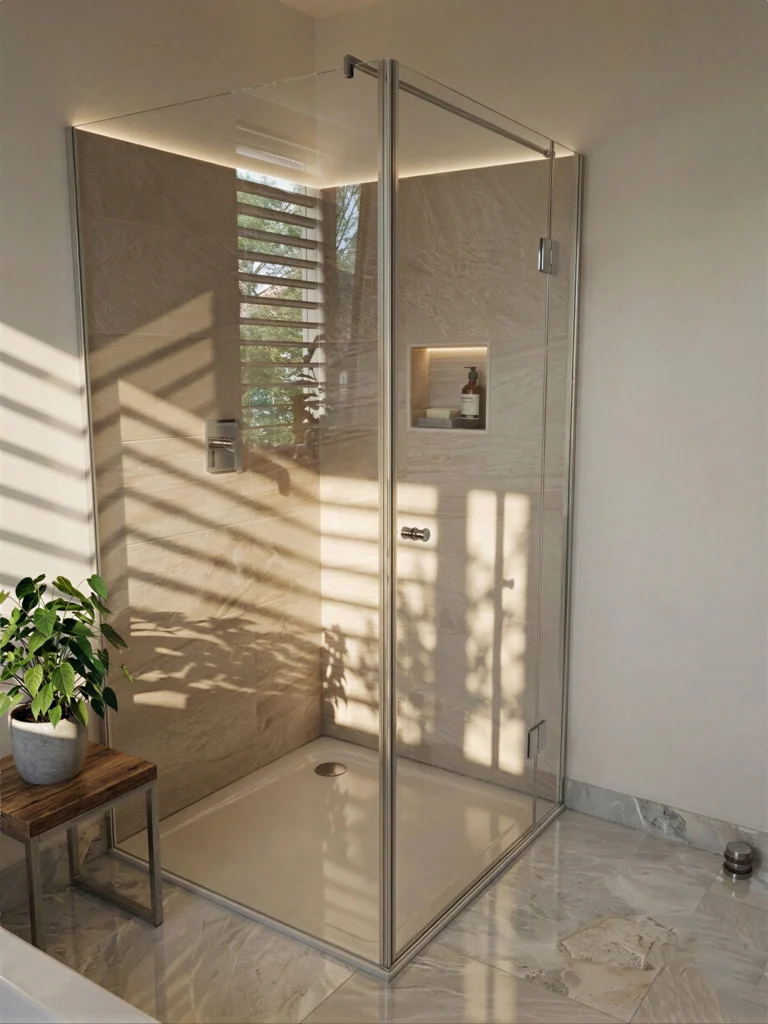 Hochwertige Eck-Duschverglasung aus Klarglas mit minimalistischen Beschlägen in einem lichtdurchfluteten Badezimmer mit Natursteinfliesen.