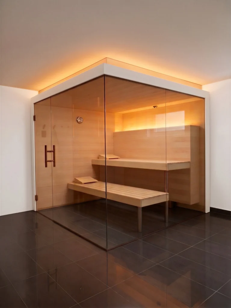 Eine moderne Design-Sauna mit rahmenloser Eckverglasung aus Glas. Die Ganzglasecke wird oben von einer weißen Blende mit indirektem, warmem Licht eingerahmt. Im Inneren sind minimalistische Holzbänke und eine helle Wandverkleidung sichtbar.